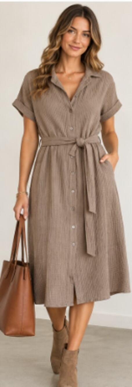Evereve Taupe Gauze Shirt Dress S Button Front Tie Waist Fall Boho